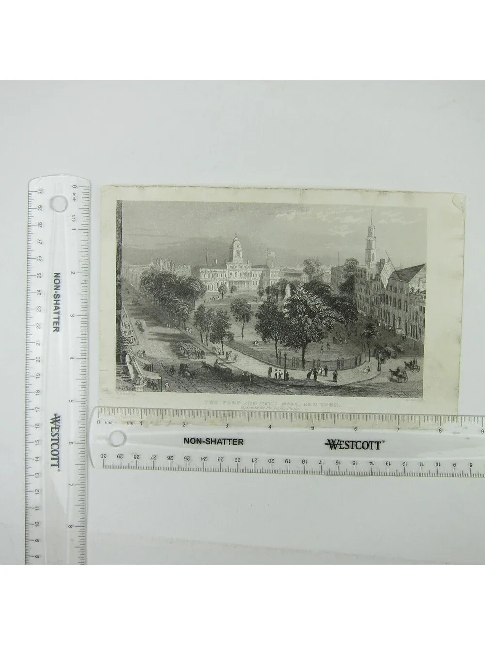 Antique Engraving Print Park & City Hall New York City For Ladies Wreath c1850